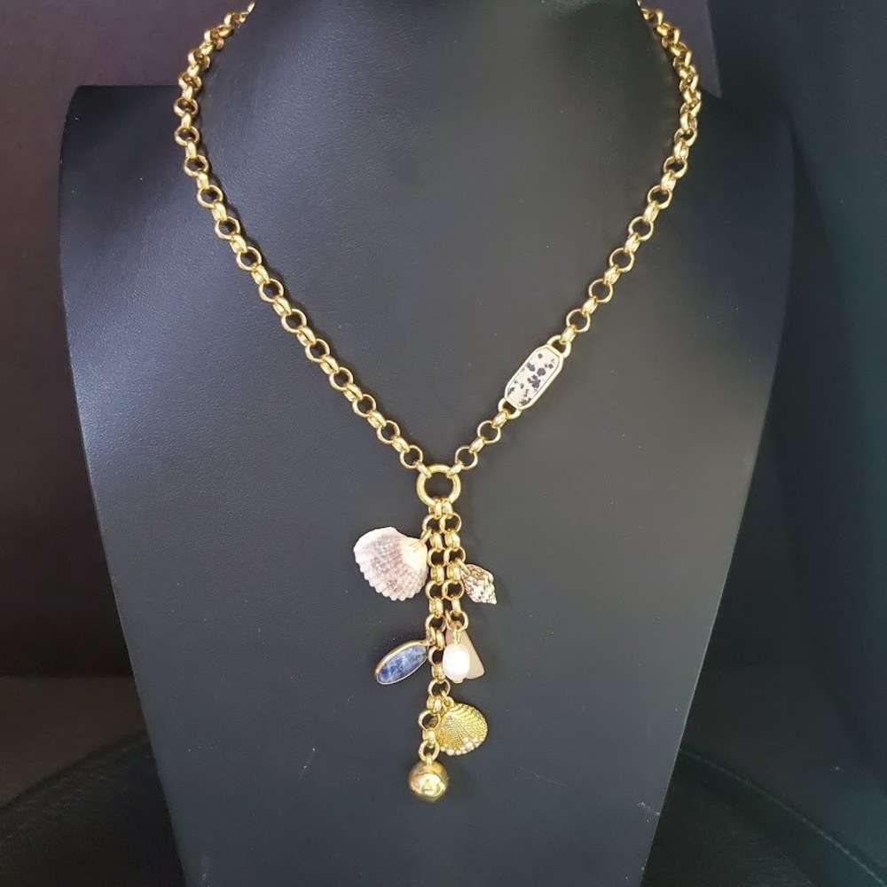 J. Crew Gold Tone Sea Shell Charm Statement Necklace Mixed Stone Pearl Coastal